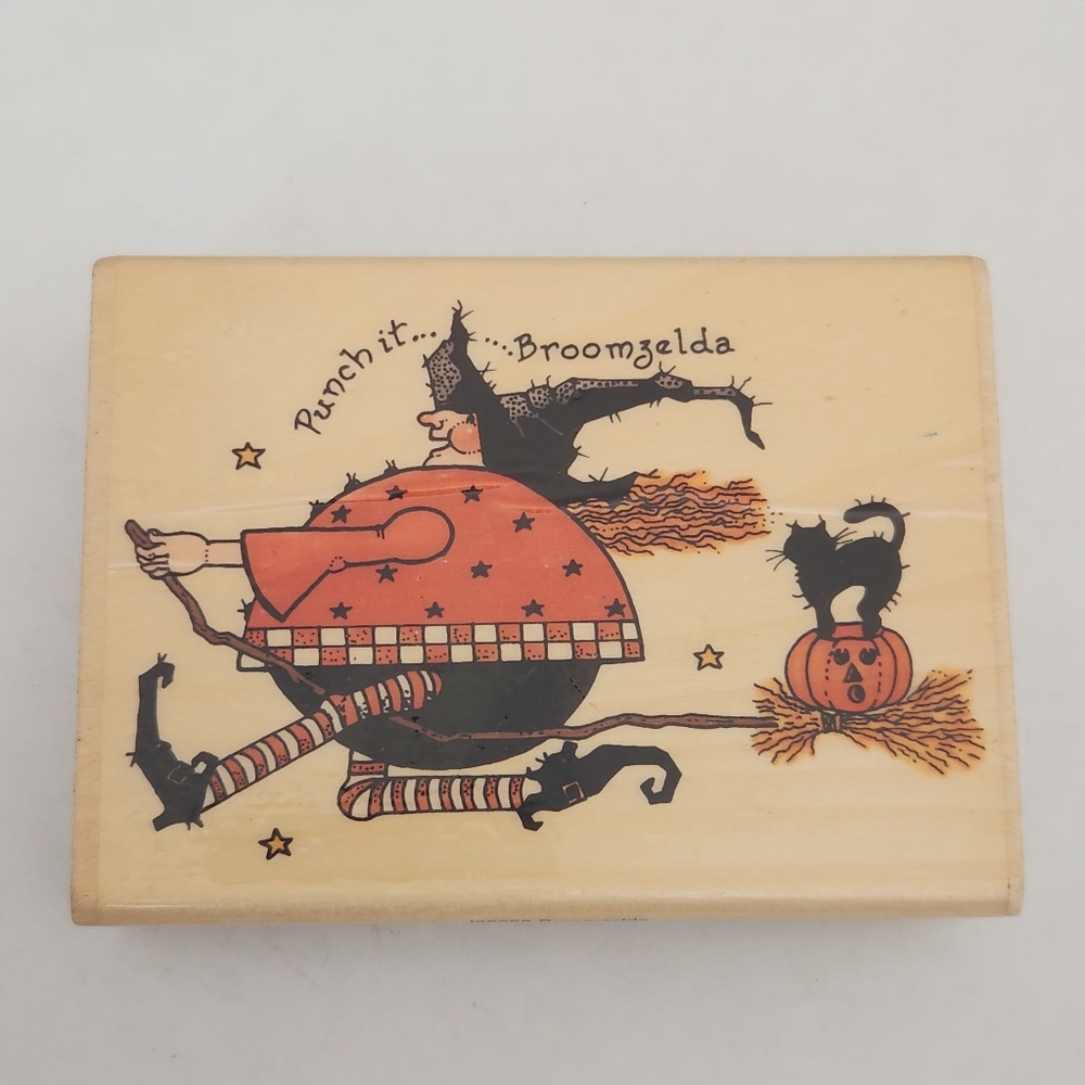 Punch It Broomzelda Witch On Broom Cat Pumpkin J25089 Uptown Design Rubber Stamp